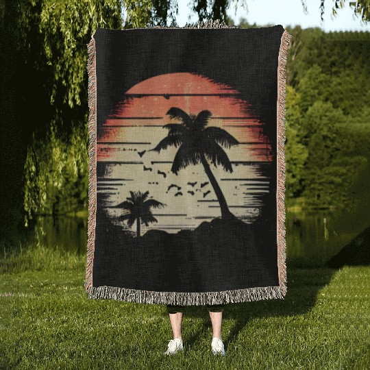 Vintage Retro Sunset Watercolor Beach Vacation 3 Woven Blankets