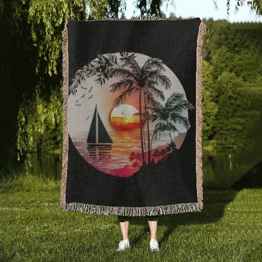 Beach Sunset Sailboat Palm Trees Ocean Vacation 4 Woven Blankets