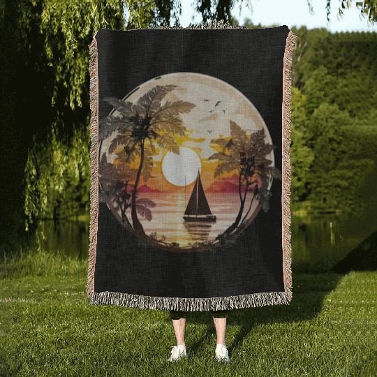 Beach Sunset Sailboat Palm Trees Ocean Vacation 5 Woven Blankets