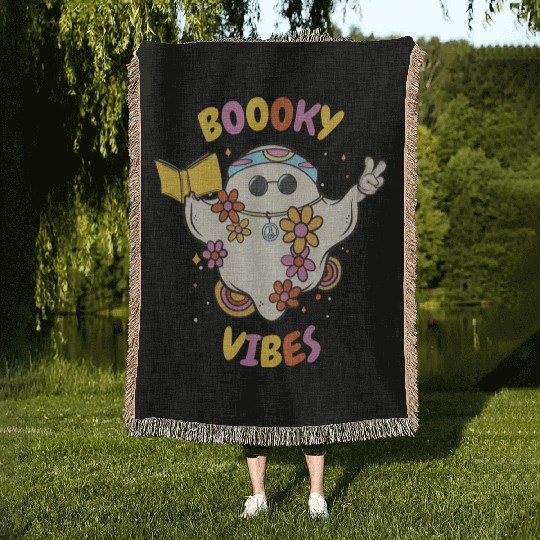 Reading Teacher Halloween Groovy Floral Ghost Woven Blankets