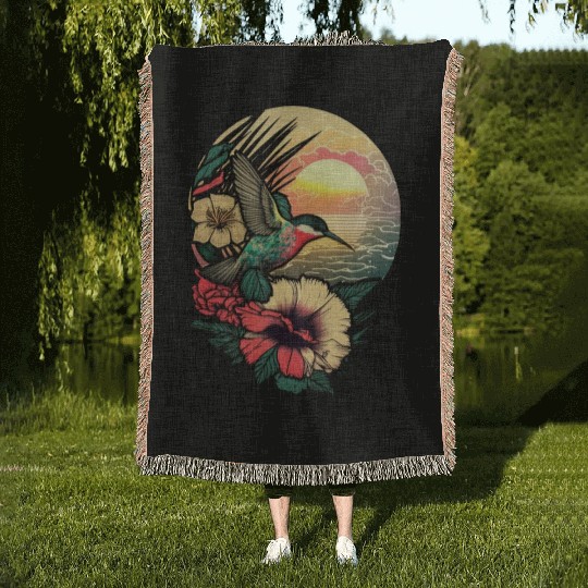 Hummingbird flies over hibiscus flower Tropical Woven Blankets