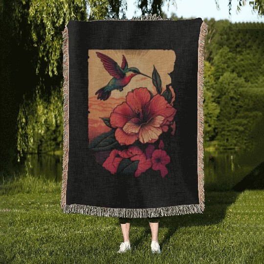 Hummingbird flies over hibiscus flower Tropical Woven Blankets