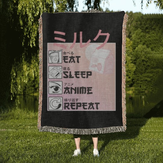 Eat Sleep Anime Repeat Straweberry Milk Japanese Woven Blankets
