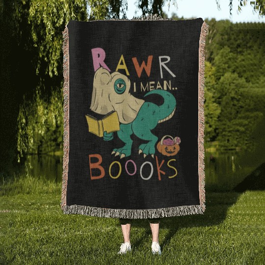 Reading Teacher Halloween T Rex Ghost Book Woven Blankets