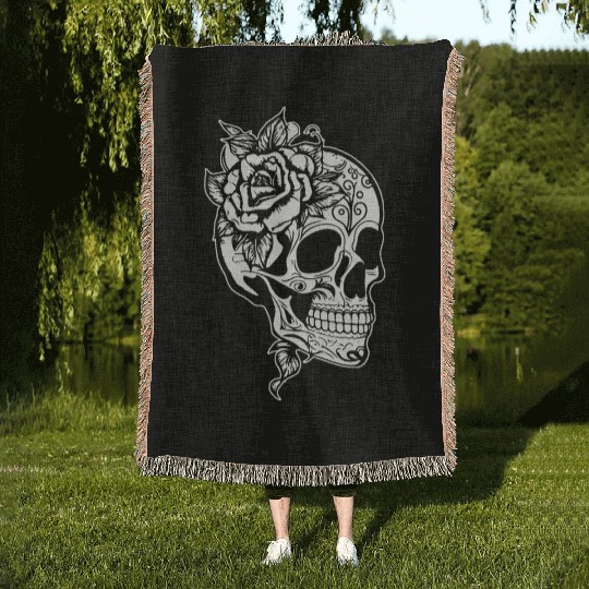 Skull Dia de los Muertos Halloween Tattoo Rose Woven Blankets