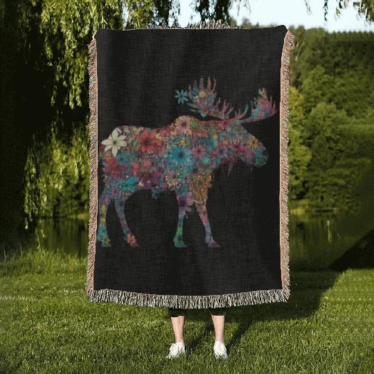 Floral Moose Elk Deer Wild Animal Watercolor 3 Woven Blankets