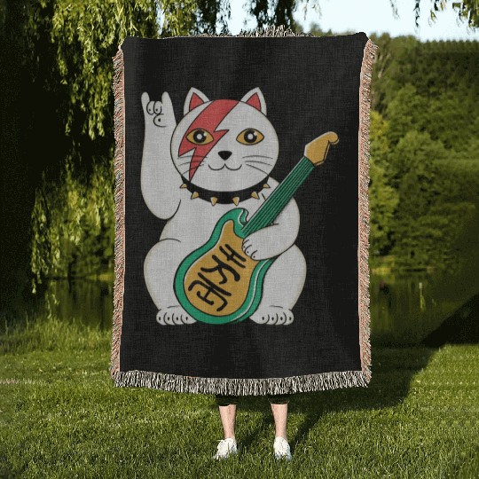 Lucky Cat Guitar Guitarist Woven Blankets