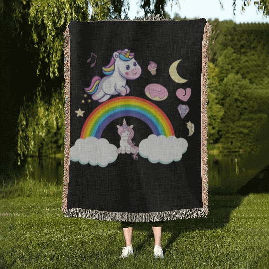 unicorn rainbow Woven Blankets