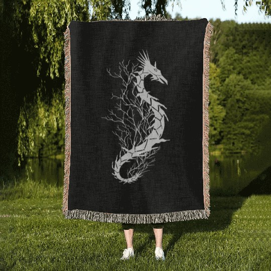 Sea life, sea dragon, white Woven Blankets