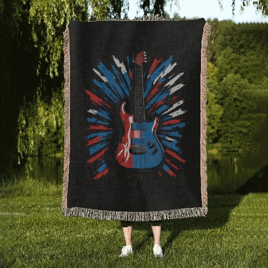 Electric guitar in Union Jack flag colors Woven Blankets
