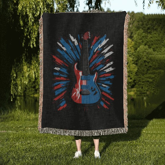 Electric guitar in Union Jack flag colors Woven Blankets