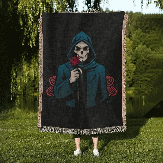 The Elegance of Death A Single Rose Grim Reaper Woven Blankets