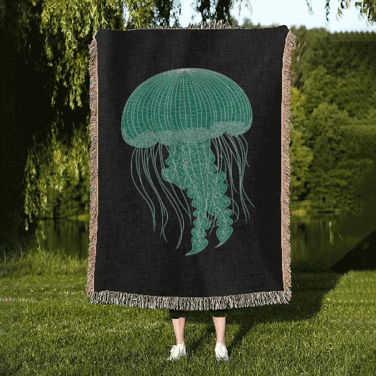 Sea life, Green Jellyfish Woven Blankets
