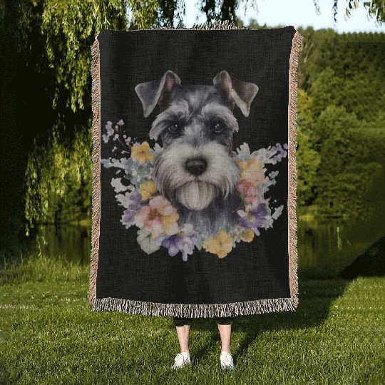 Schnauzer Dog Watercolor Floral Woven Blankets