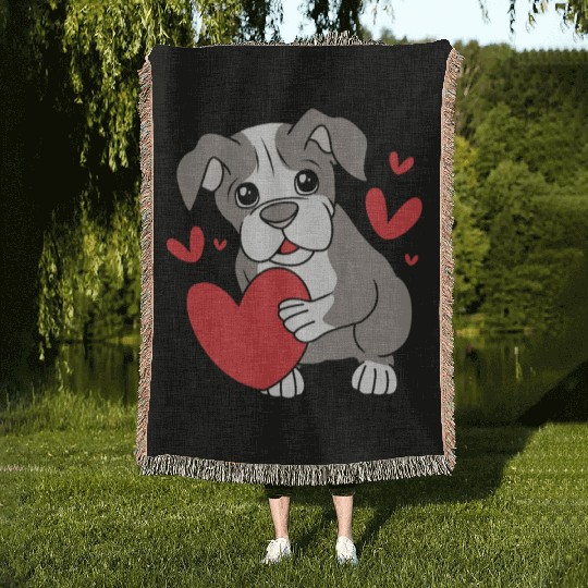 Cute Heart Puppy Boston Terrier Dog Woven Blankets