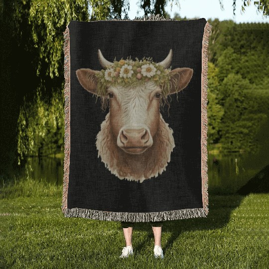 Flower Crown Cow Floral Farm Animal Pet Woven Blankets