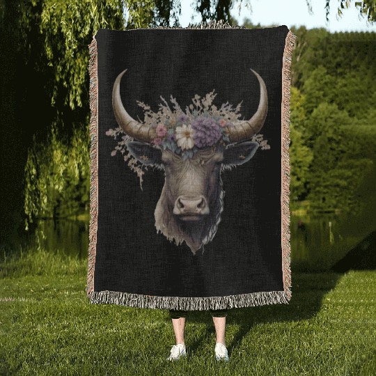 Flower Crown Yak Floral Farm Animal Yak Lovers Woven Blankets