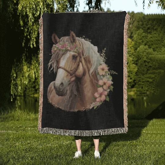 Flower Crown Horse Floral Farm Animal Pet Horse Ri Woven Blankets