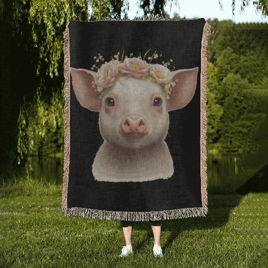 Cute Piglet Flower Crown Baby Pig Floral Farm Anim Woven Blankets