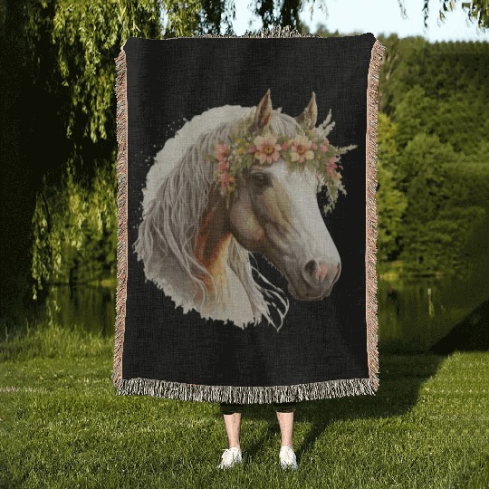 Horse Flower Crown Floral Farm Animal Pet Horse Ri Woven Blankets