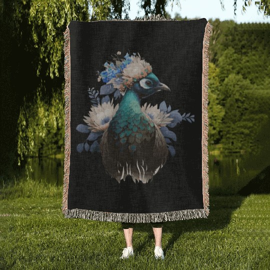Peafowl Flower Crown Fowl Bird Poultry Floral Farm Woven Blankets