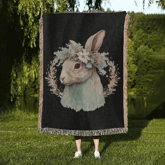 Flower Crown Bunny Rabbit Floral Farm Animal Pet Woven Blankets