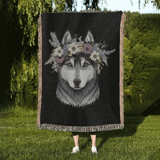 Cute Siberian Husky Flower Crown Pet Dog Floral Pu Woven Blankets