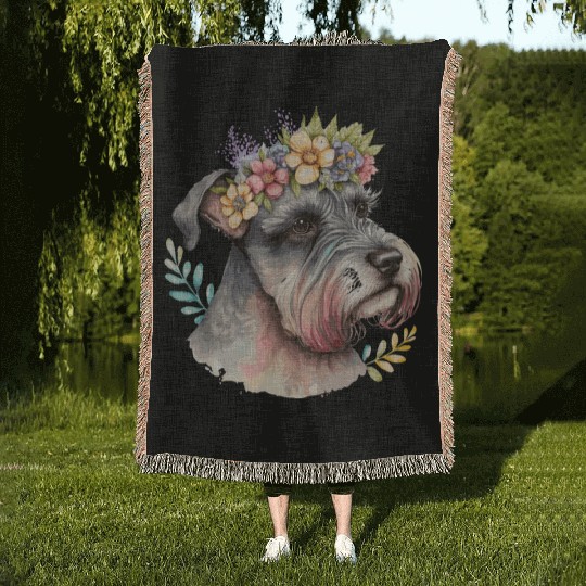 Cute Miniature Schnauzer Flower Crown Pet Dog Flor Woven Blankets