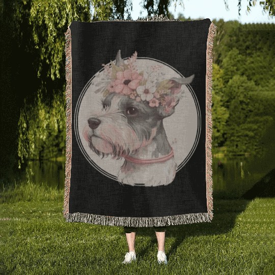 Cute Miniature Mini Schnauzer Flower Crown Pet Dog Woven Blankets