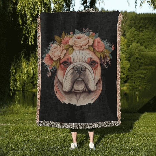 Cute Bulldog Flower Crown Pet Dog Breed Puppy Woven Blankets