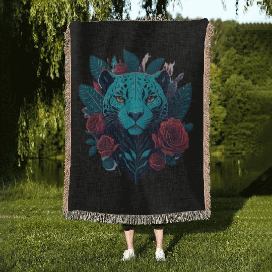 cute jaguar with red flowers Woven Blankets