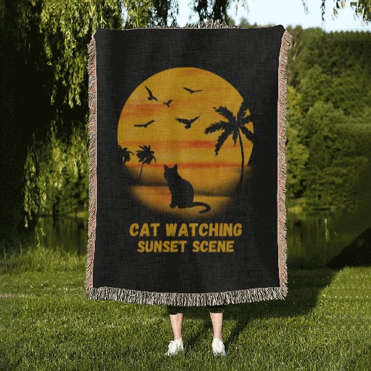 Cat watching sunset scene - Cat Lover Woven Blankets
