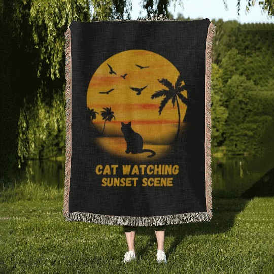 Cat watching sunset scene - Cat Lover Woven Blankets