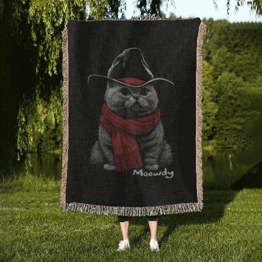 Cute Chonk Cat Meowdy Cat w/ Cowboy Hat from Texas Woven Blankets