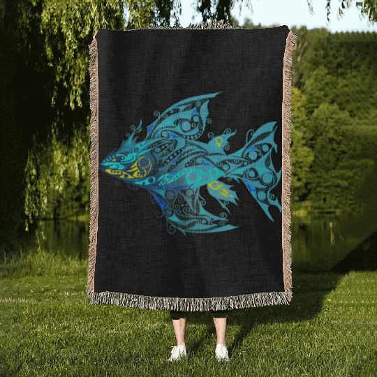 Blue T Tattoo Fish music yellow Woven Blankets