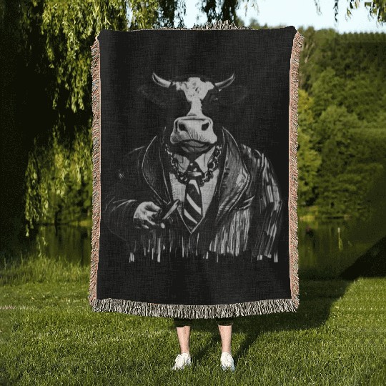 COW MOBSTER COW AS MOB BOSS COW A NOSTRA Woven Blankets