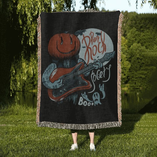 Pump Rock Society Halloween Pumpkin Playing Guitar Woven Blankets
