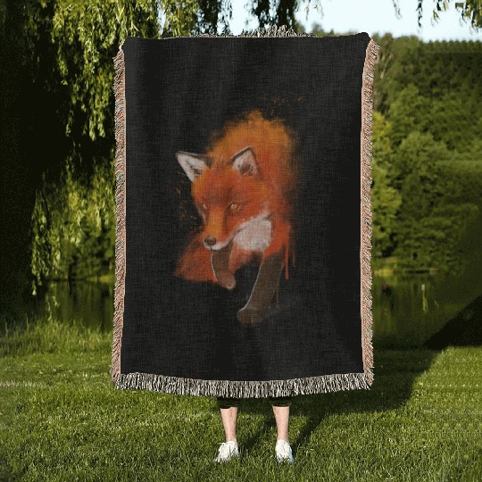 Fox Ink Black Nature Animal Woven Blankets