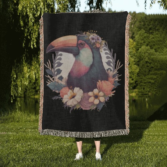 Cute Toucan Tropical Bird Flower Crown Jungle Bird Woven Blankets