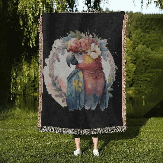 Watercolor Parrot Macaw Bird Flower Crown Pet Bird Woven Blankets