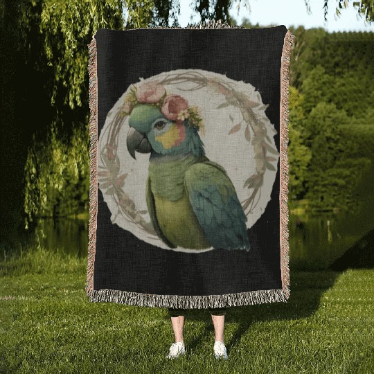 Watercolor Parrot Hahn's Macaw Bird Flower Crown P Woven Blankets