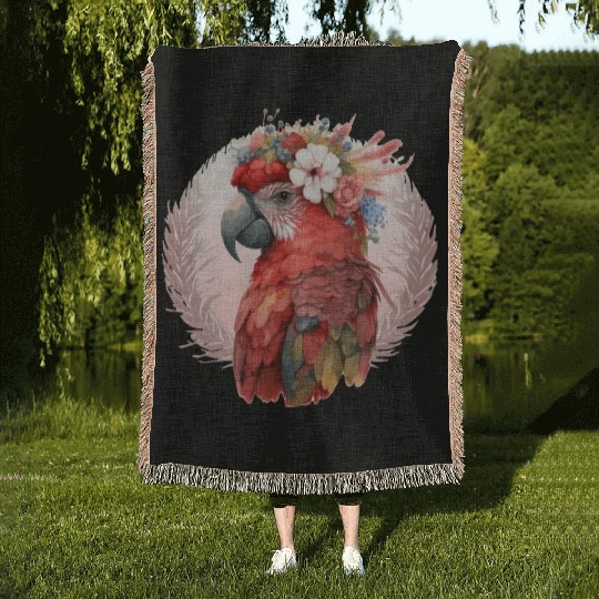 Red Scarlet Macaw Flower Crown Parrot Watercolor B Woven Blankets
