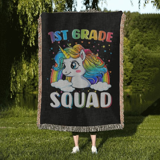 1st Grade Squad Unicorn Rainbow Back To School Woven Blankets