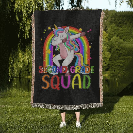 2nd Grade Squad Dabbing Unicorn Rainbow Back Woven Blankets