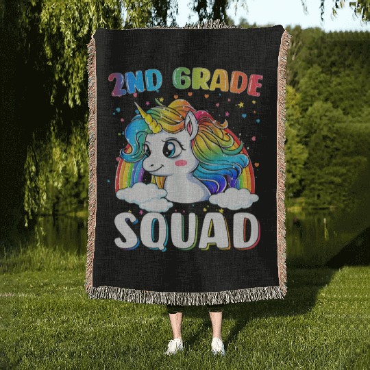 2nd Grade Squad Unicorn Rainbow Back Woven Blankets
