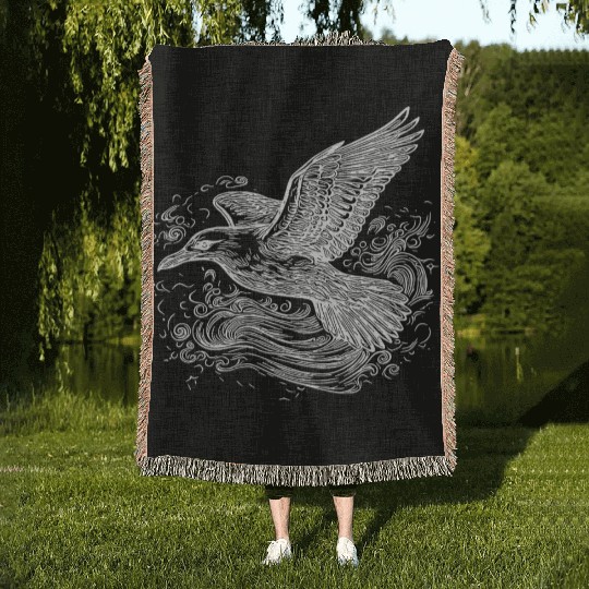 Elegant Flying Seagull Over The Water Woven Blankets
