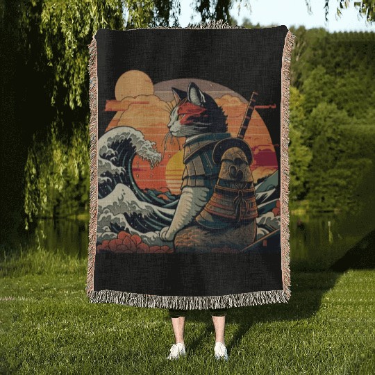 Retro samurai cat The Great Wave Hokusai Woven Blankets