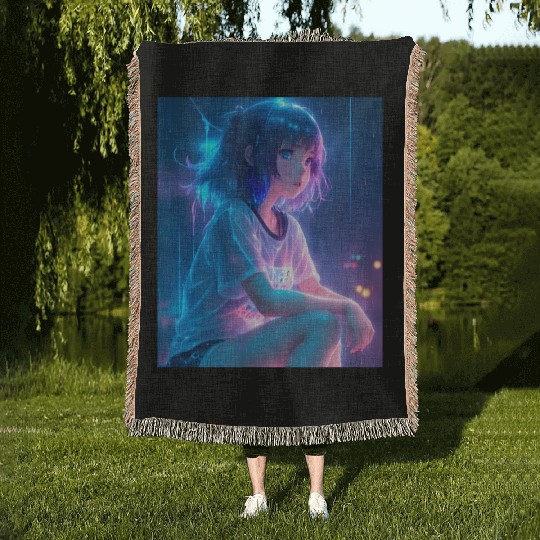 Young cute anime girl Woven Blankets