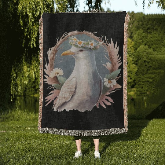 Seagull Bird Flower Crown Floral Seabirds Woven Blankets