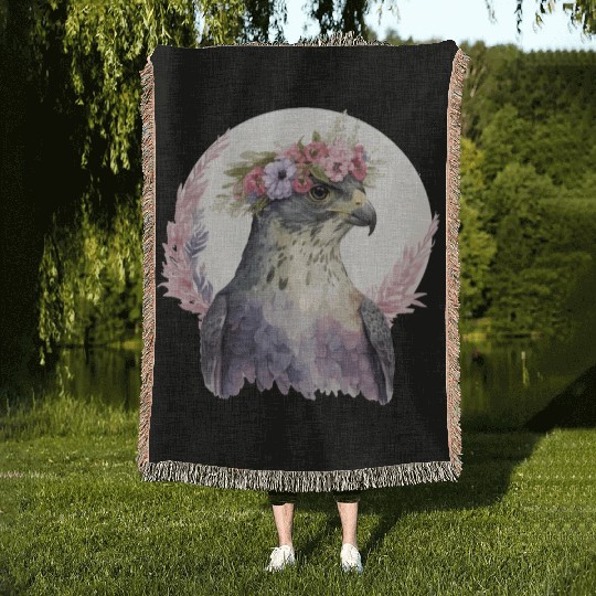 Falcon Birds Of Prey Flower Crown Floral Bird Watc Woven Blankets